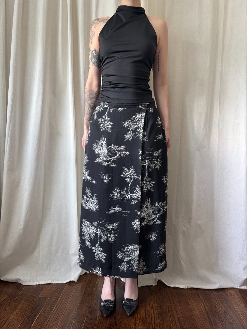 Vintage Black & White Toile Wrap Midi Skirt Women's Size Medium